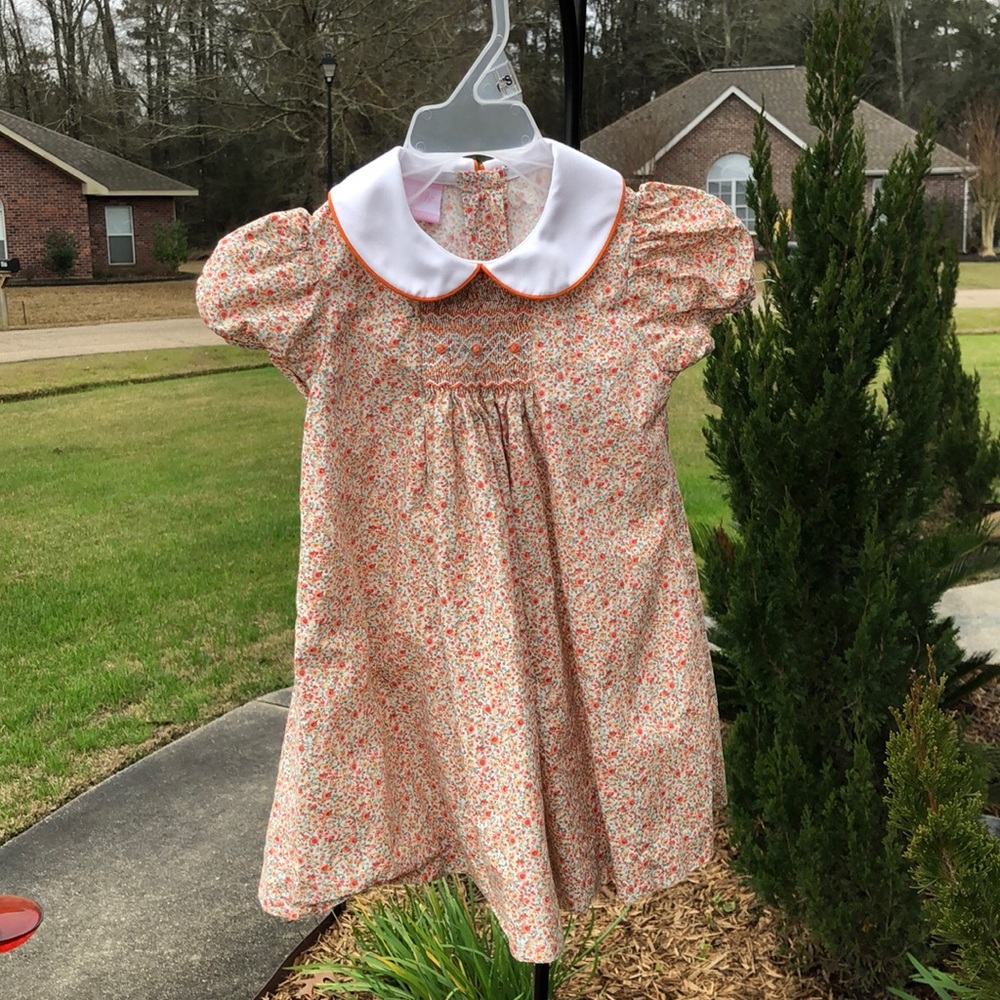 Orange calico smocking toddler dress
